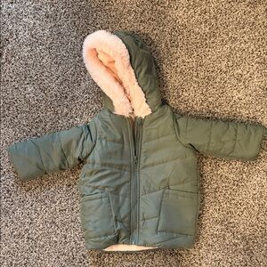 Green Hooded Puffer Jacket with Pink Lining